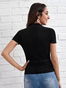 SHEIN Privé Lettuce Trim Mock Neck Rib-knit Velvet Tee - Black - View 2