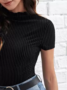 SHEIN Privé Lettuce Trim Mock Neck Rib-knit Velvet Tee - Black - View 4