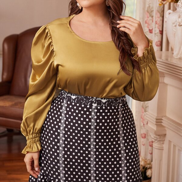 

Plus Puff Sleeve Satin Blouse, Gold