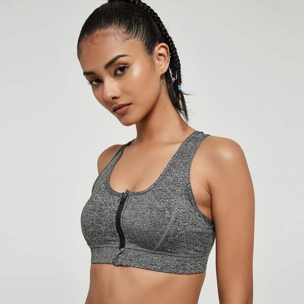 

Zip Up Racer Back Marled Knit Sports Bra, Grey