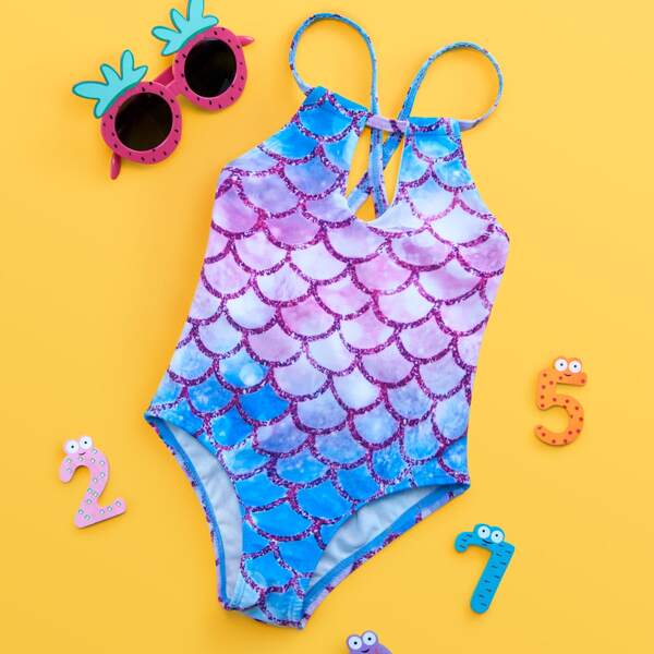 

Toddler Girls Fish Scale Print Mesh Ruffle One Piece Swimsuit, Multicolor