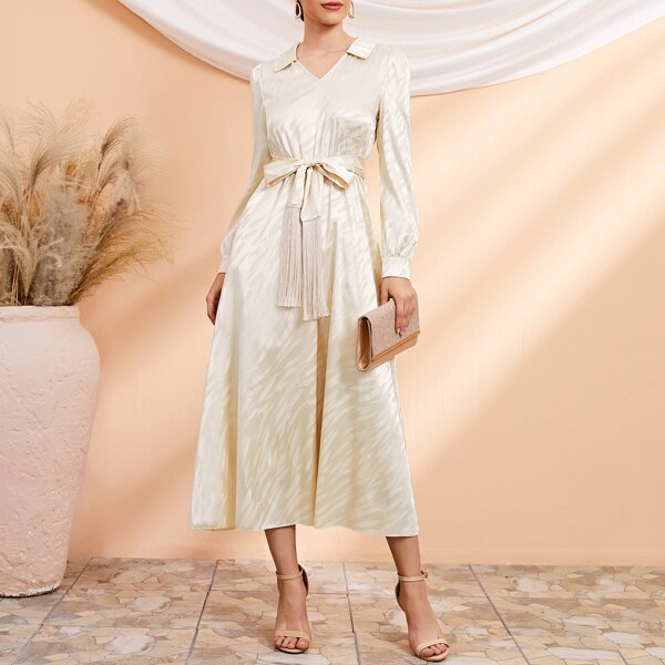 

Satin Puff Sleeve Self Tie Shirt Dress, Beige