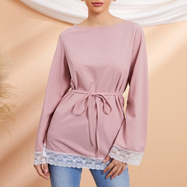 

Bell Sleeve Lace Trim Belted Blouse, Baby pink