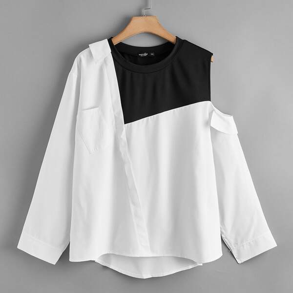 

Plus 2 In 1 Cut Out Asymmetrical Blouse, Black and white