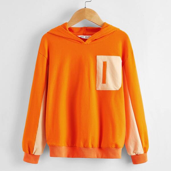 

Girls Neon Orange Patch Pocket Colorblock Hoodie, Orange neon