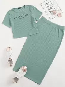 Seusyu 標語刺繡羅紋針織上衣和半身裙套裝