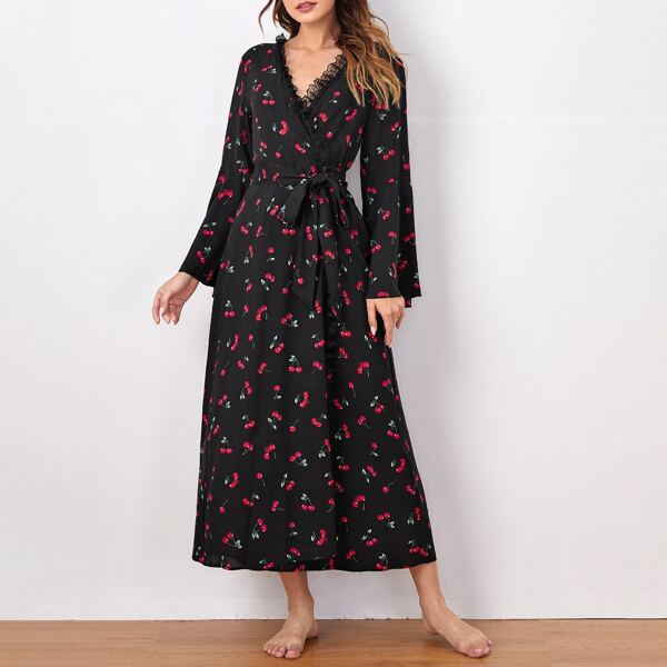 

Allover Cherry Print Lace Ruffle Edge Belted Robe, Black