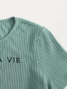 Seusyu 標語刺繡羅紋針織上衣和半身裙套裝