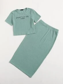 Seusyu 標語刺繡羅紋針織上衣和半身裙套裝