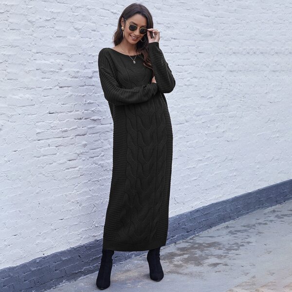 

Solid Drop Shoulder Cable Knit Dress Without Belt, Black