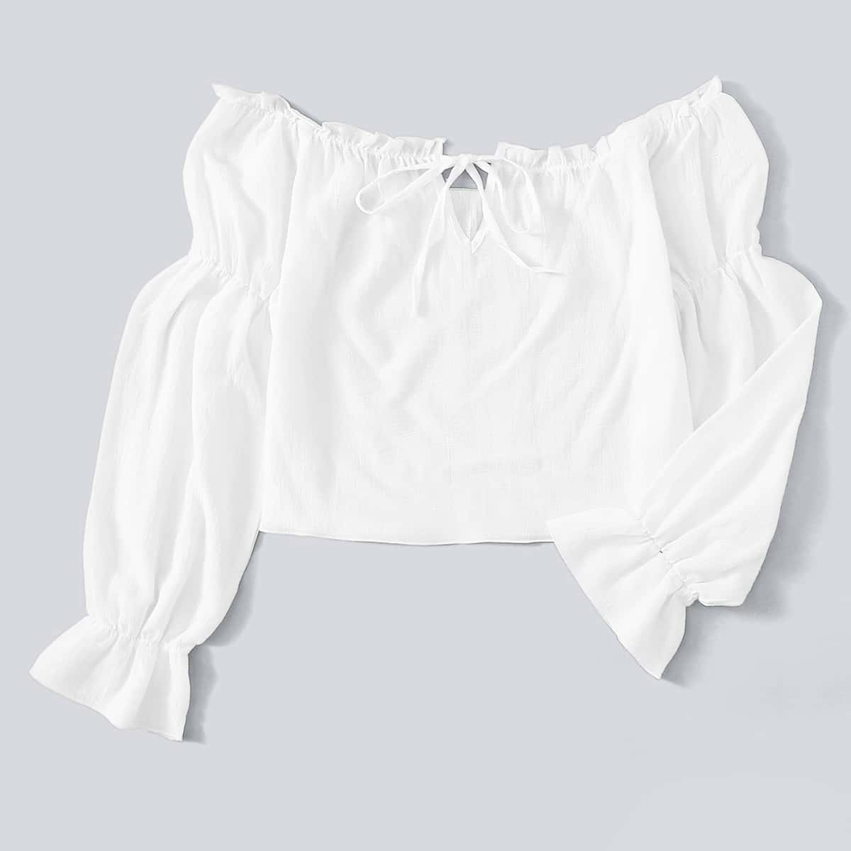 

Frill Off Shoulder Tie Front Crop Top, White