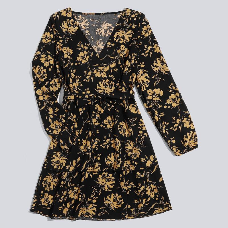 

Floral Pattern Belted Dress, Black