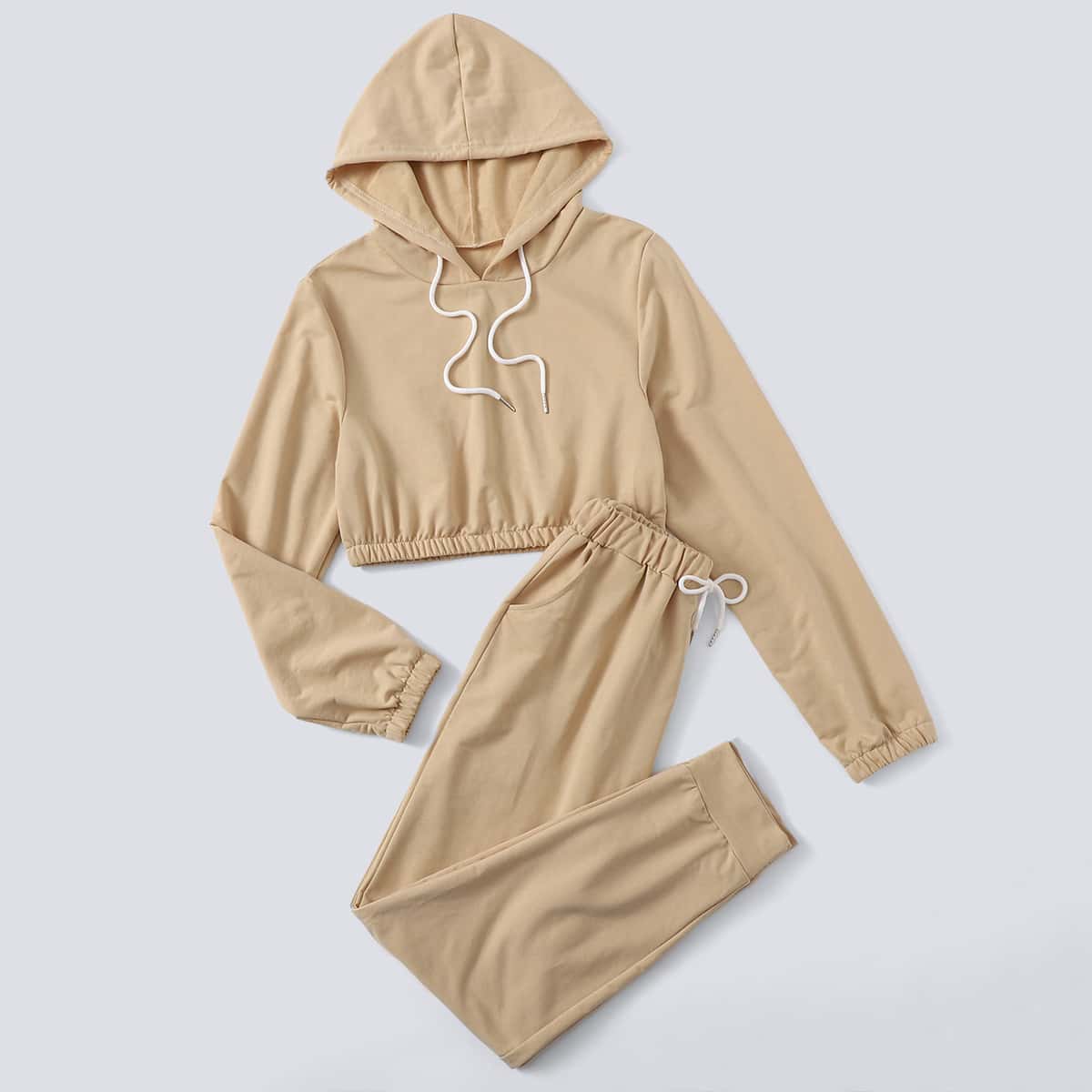 

Solid Drawstring Hoodie & Sweatpants, Khaki