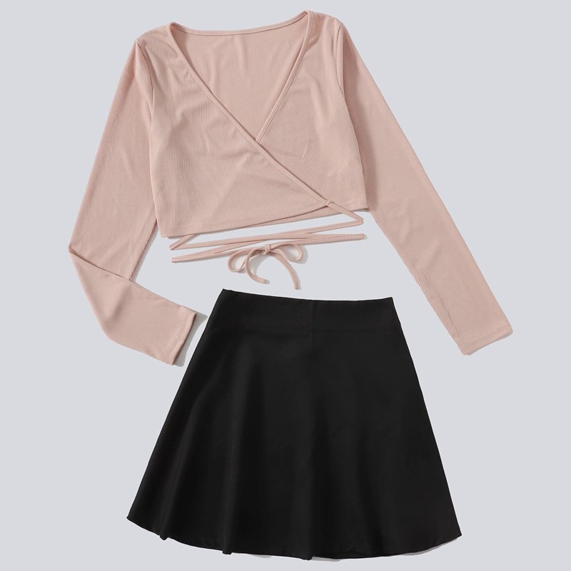 

Solid Wrap Crop Top & Skirt, Multicolor