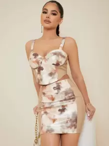 SHEIN 紮染拼色PU皮革露肩短版吊帶上衣和包臀半身裙套裝 - 彩色 - 查看 1