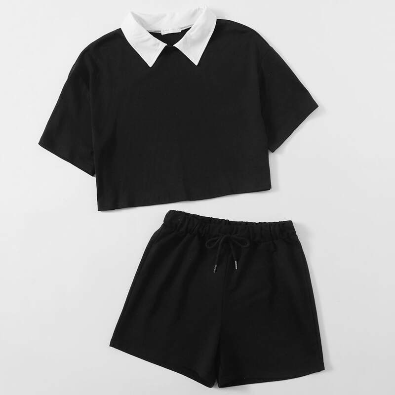 

Contrast Collar Crop Tee & Solid Tie Front Shorts, Black