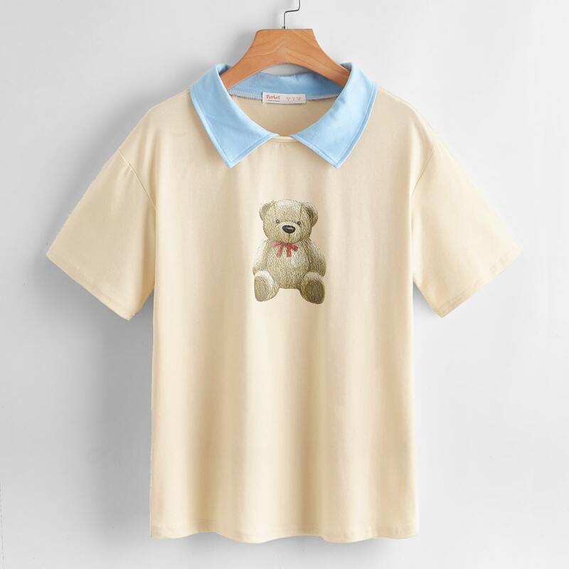 

Bear Print Contrast Polo Tee, Apricot