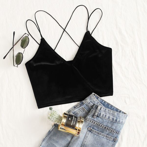 

Plus Crisscross Solid Velvet Cami Top, Black