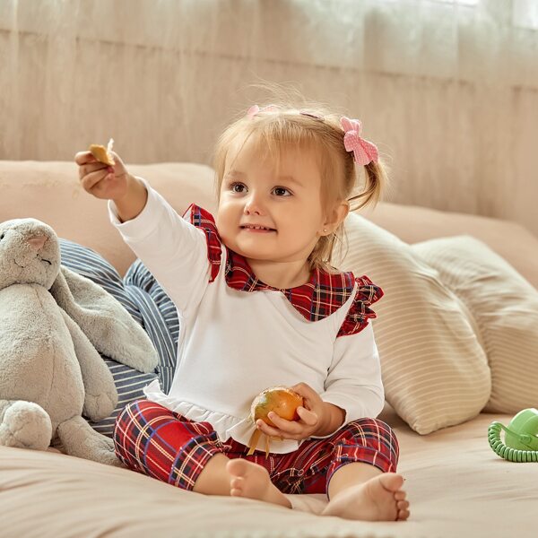 

Baby Girl Tartan Print Ruffle Trim Peter Pan Collar Jumpsuit, Red and white