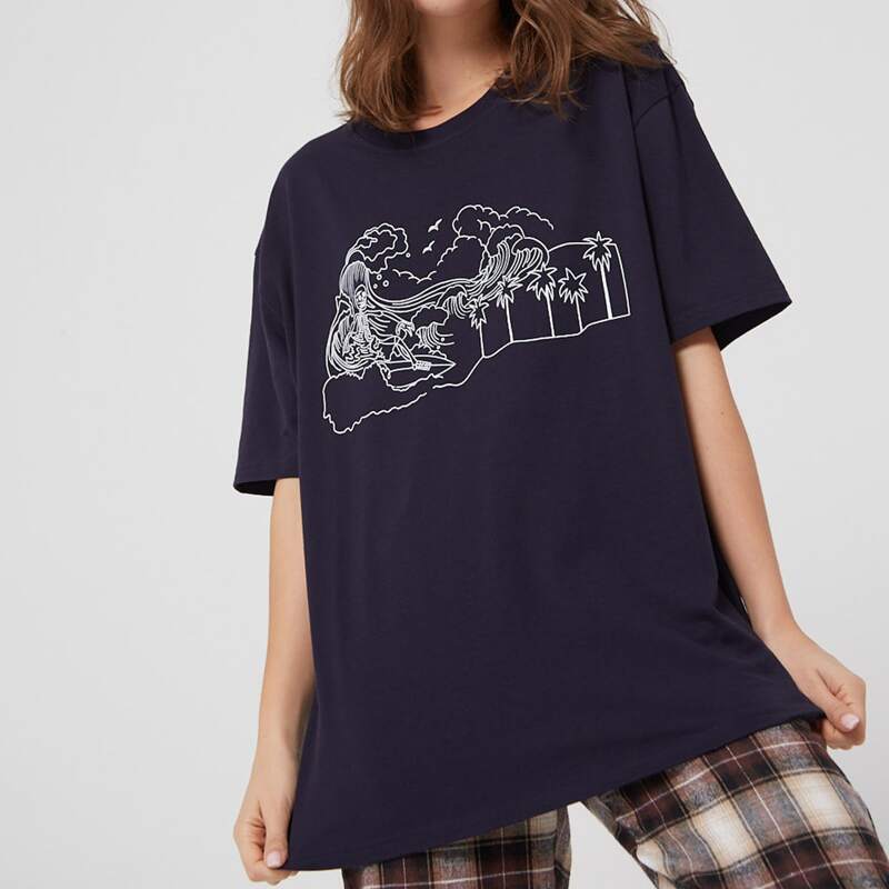 

Wave Graphic Oversized Tee, Navy blue