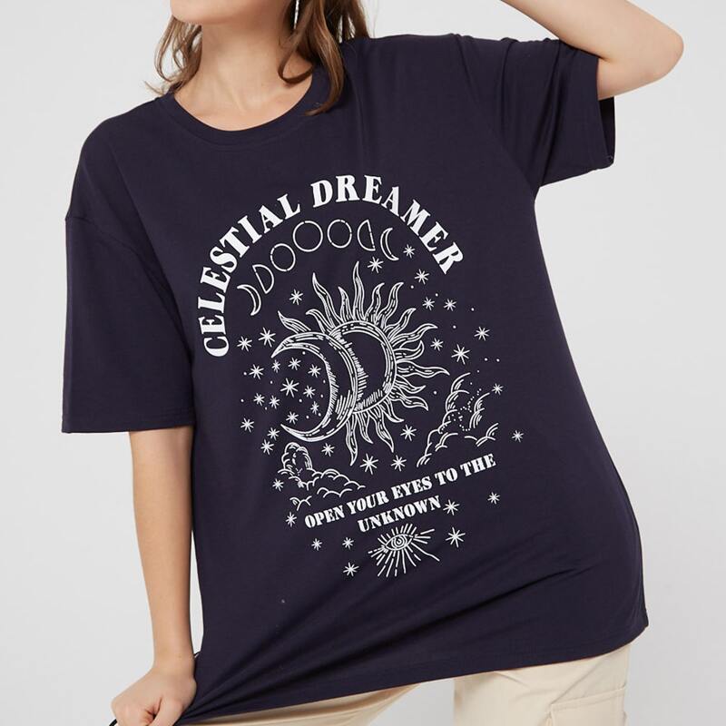 

Sun & Moon Graphic Oversized Tee, Navy blue