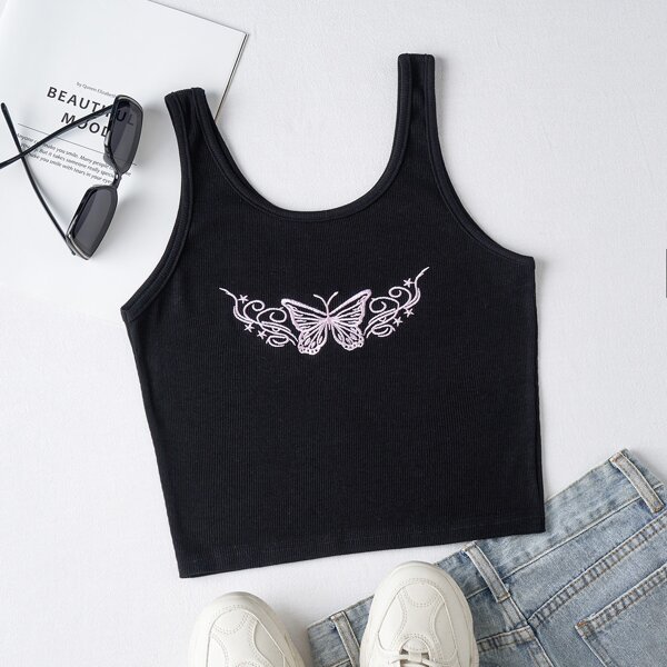 

Plus Butterfly Embroidery Tank Top, Black
