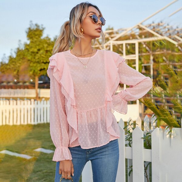 

Swiss Dot Ruffle Trim Flounce Sleeve Peplum Blouse, Baby pink