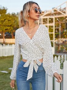 SHEIN VCAY 波卡圓點圍裹繫帶短版襯衫 - 白色 - 查看 7