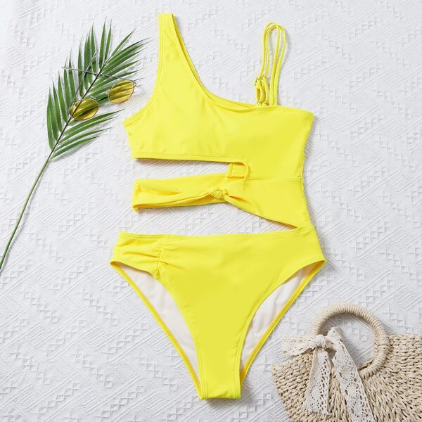 

Cut-out Knot Detail One Piece Swimsuit, Yellow bright