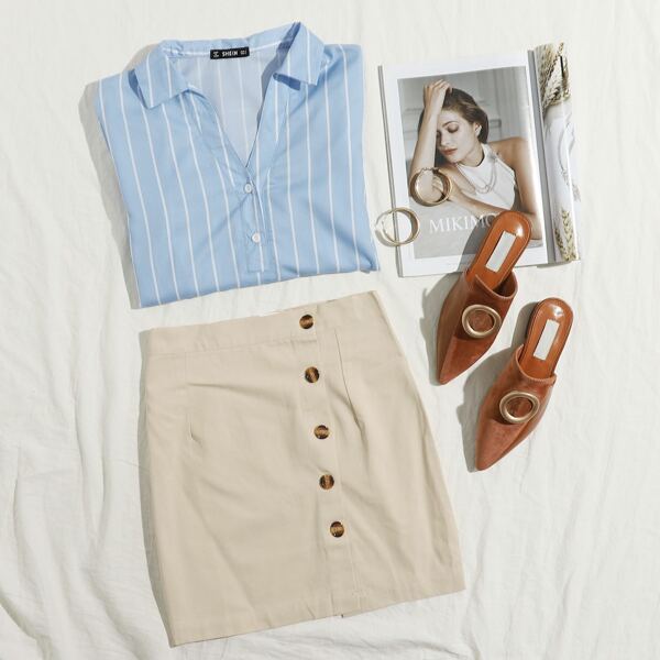 

Button Front Mini Straight Skirt, Beige
