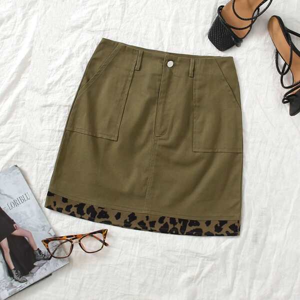 

Leopard Hem Pocket Mini Skirt, Army green