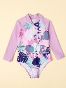 SHEIN 少女熱帶風格拉鍊前開一件式泳衣 - 彩色 - 查看 3