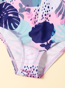 SHEIN 少女熱帶風格拉鍊前開一件式泳衣 - 彩色 - 查看 4