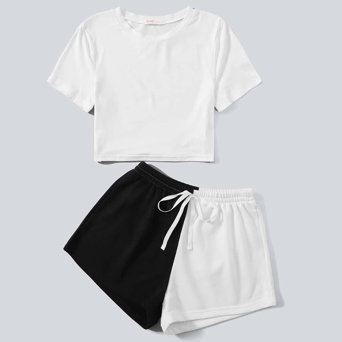 

Solid Tee & Colorblock Shorts, Black and white