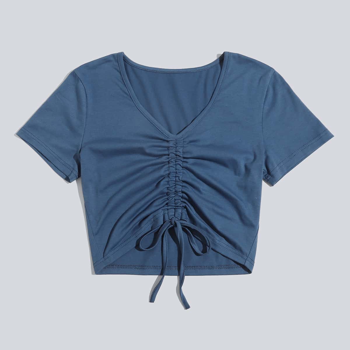 

Drawstring Front Crop Tee, Dusty blue