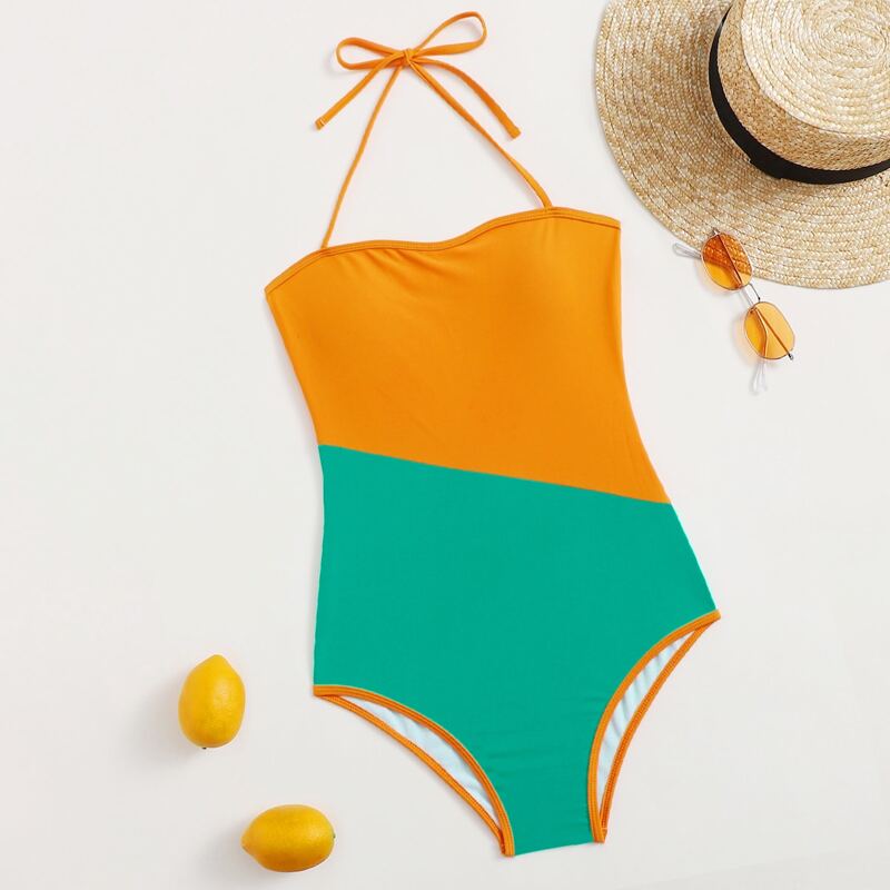 

Colorblock Halter One Piece Swimsuit, Multicolor
