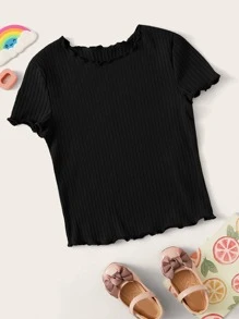 SHEIN Tween Girl Lettuce Trim Rib-Knit Tee - Black - View 1