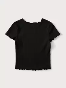 SHEIN Tween Girl Lettuce Trim Rib-Knit Tee - Black - View 2
