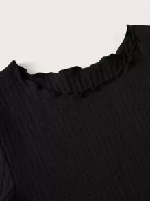 SHEIN Tween Girl Lettuce Trim Rib-Knit Tee - Black - View 4