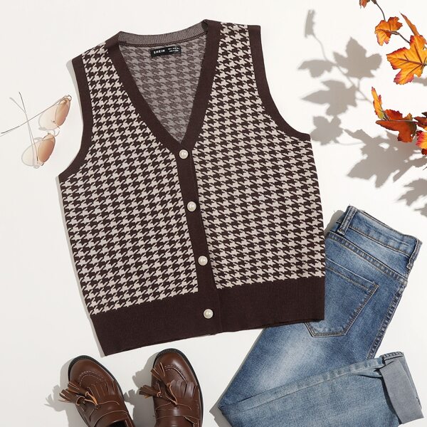 

Houndstooth Pattern Pearls Button Front Cardigan, Multicolor