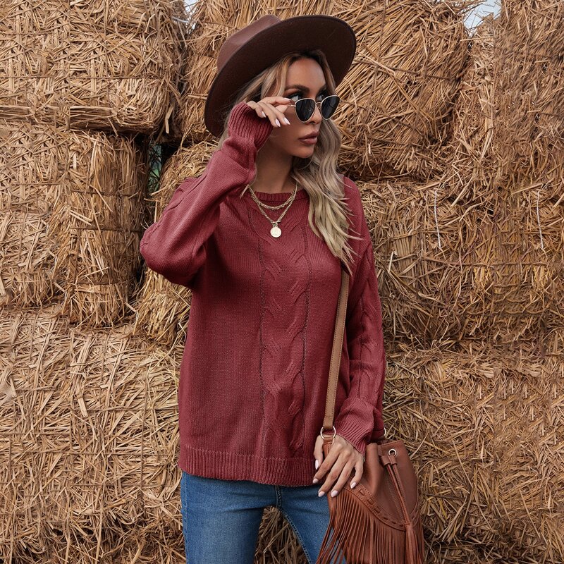 

Drop Shoulder Cable Knit Sweater, Redwood