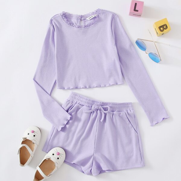 

Girls Lettuce Trim Rib-knit Tee & Knot Front Shorts Set, Pastel lilac purple