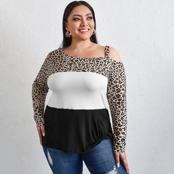 

Plus Asymmetrical Neck Colorblock Leopard Print Tee, Multicolor