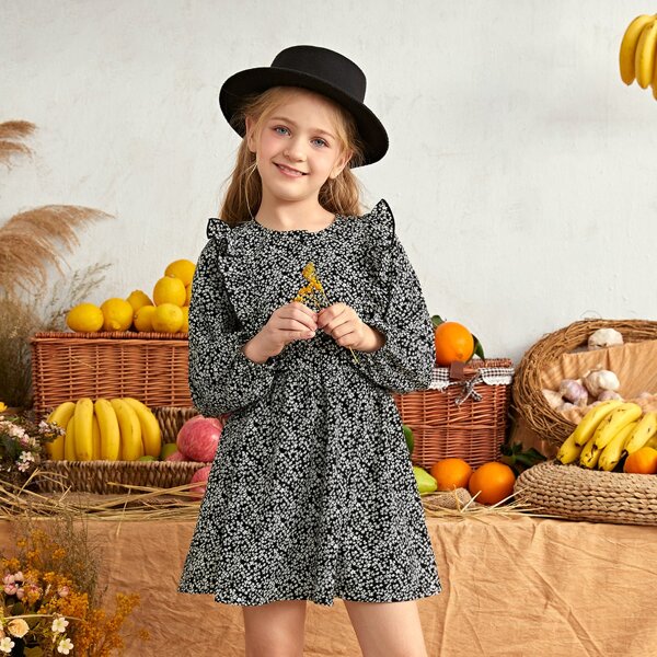 

Girls Ditsy Floral Ruffle Trim Dress, Black and white