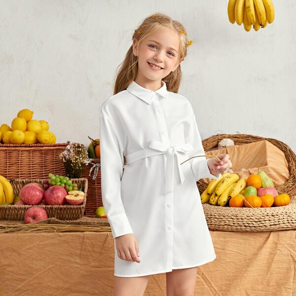 

Girls Single Breasted Belted Shirt Dress, White
