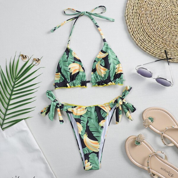

Banana & Plant Print Triangle Tie Side Bikini Swimsuit, Multicolor