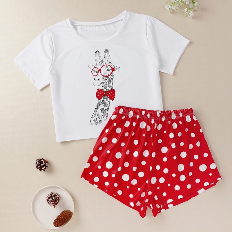 

Cartoon Giraffe And Polka Dot Print PJ Set, Red and white