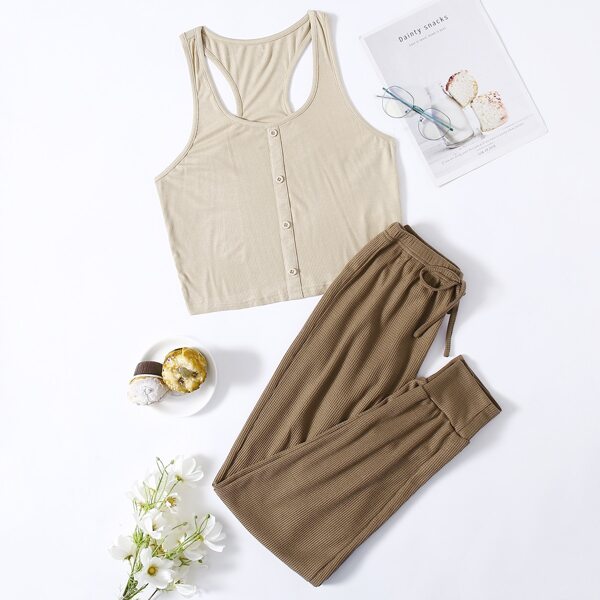 

Button Front Racer Back Tank Top & Pants PJ Set, Multicolor