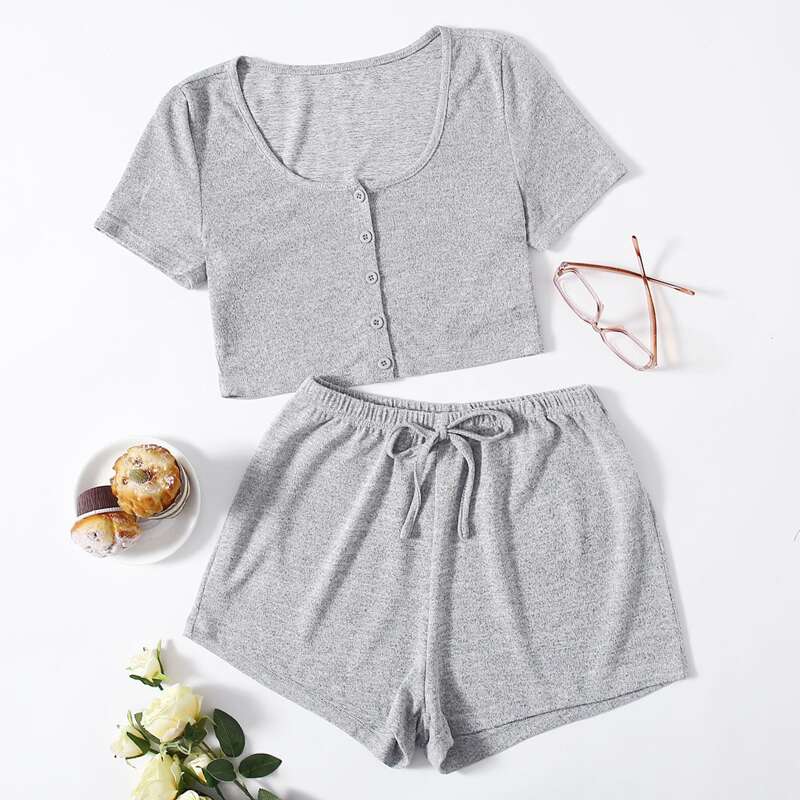 

Solid Button Up Crop Top & Shorts PJ Set, Light grey