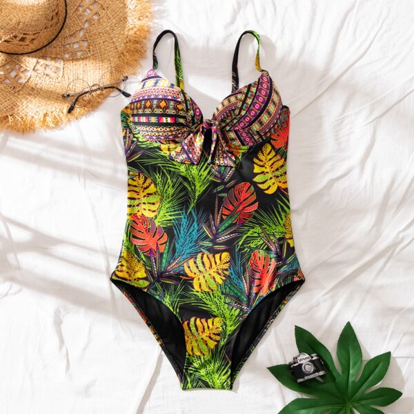

Tropical Knot Push Up Underwire One Piece Swimsuit, Multicolor